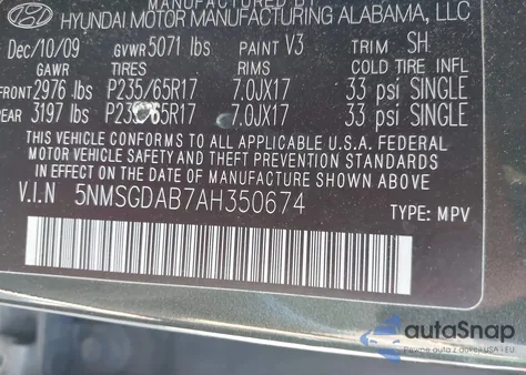 2010 Hyundai Santa Fe Gls из США, поврежденный, VIN 5NMSGDAB7AH350674